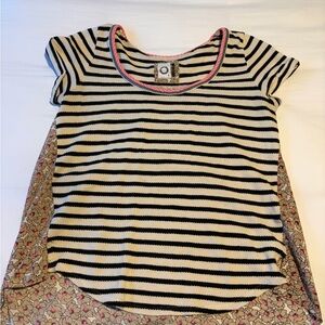 Anthropologie Black & White Striped Short Sleeve Top with Pink Trim